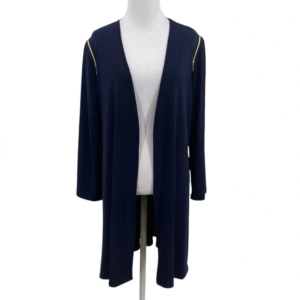 Chico's Knit Kit Zipper Shoulder Cardigan Jacket Womens Sz 2 Large Blue Gold Zip
